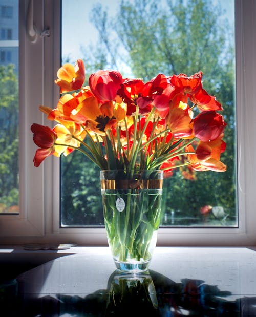 Orange and Yellow Flowers in Clear Flower Vase