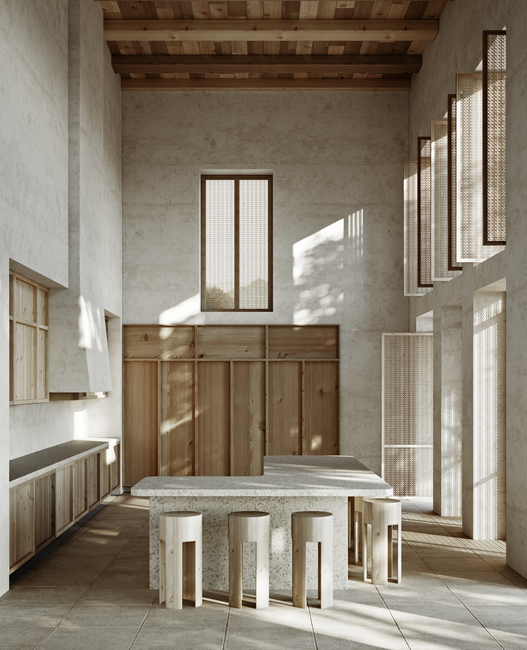 Elegant minimalist kitchen interior with wood accents and high ceilings. Perfect for modern design inspiration.