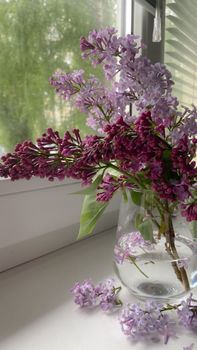 A beautiful lilac bouquet in a glass vase, placed elegantly by the window.