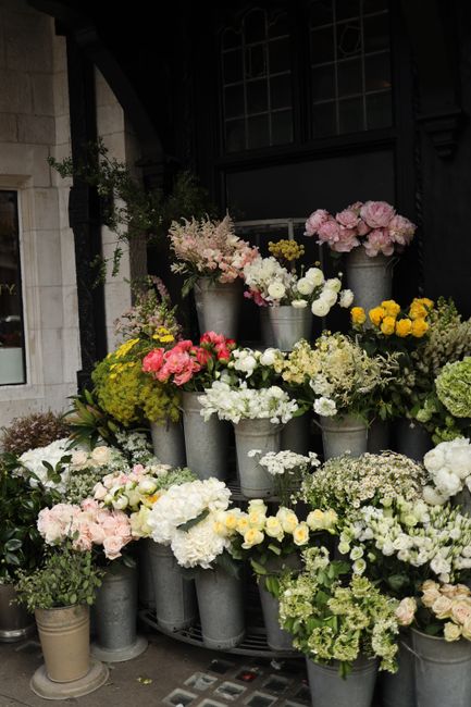Beautiful assortment of fresh flowers in metallic pots outside a boutique.