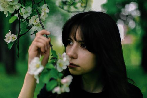 Free A woman gently touches white blossoms on a tree branch, surrounded by lush greenery. Stock Photo