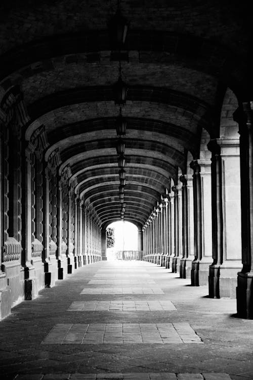 Free Grayscale Photo of Arched Hallway  Stock Photo