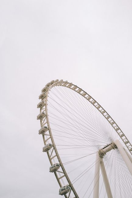 Low-angle view of the iconic Ain Dubai Ferris wheel with an overcast sky, providing ample copy space.