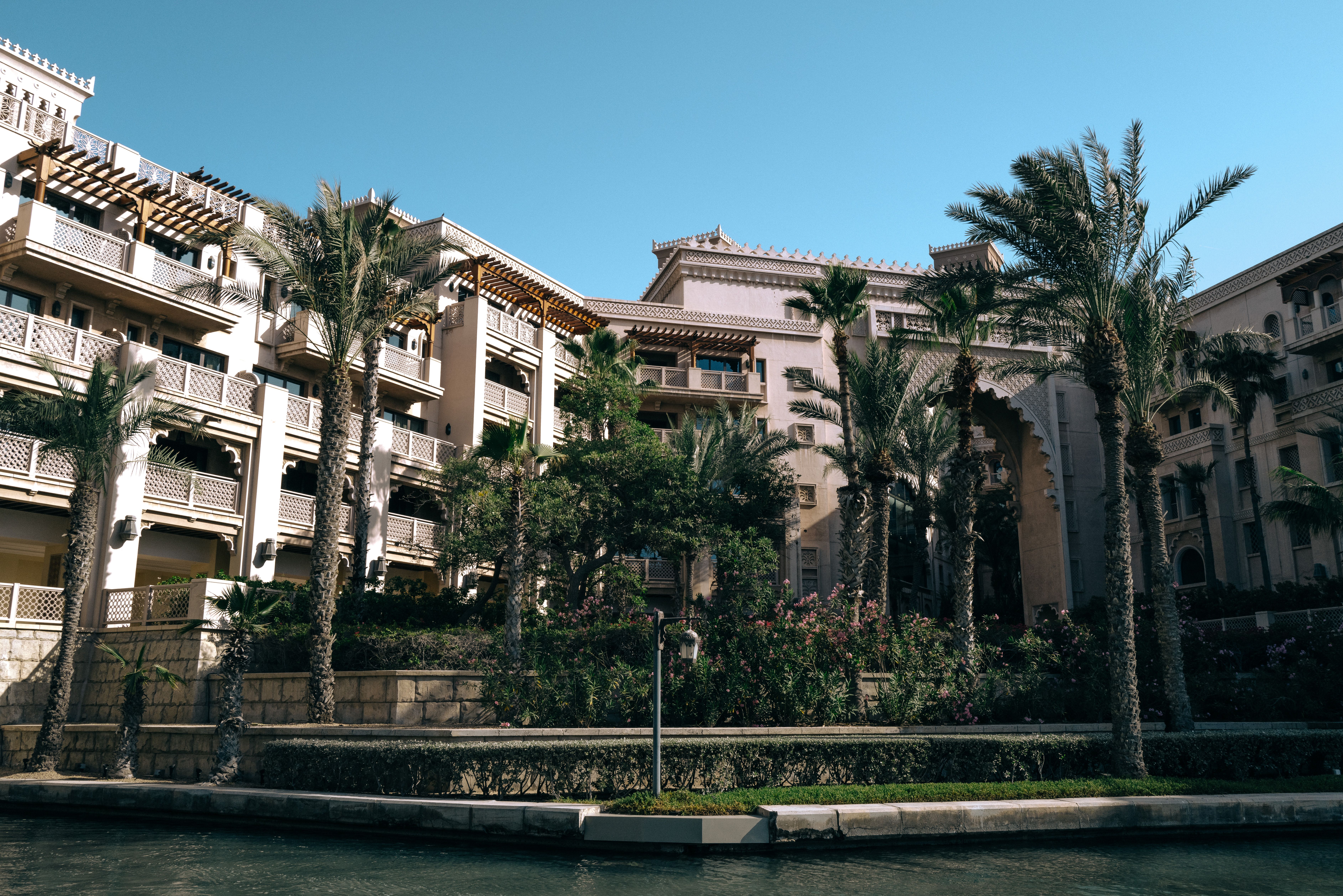 Lush palm-lined luxury hotel exterior — five star resort room categories explained