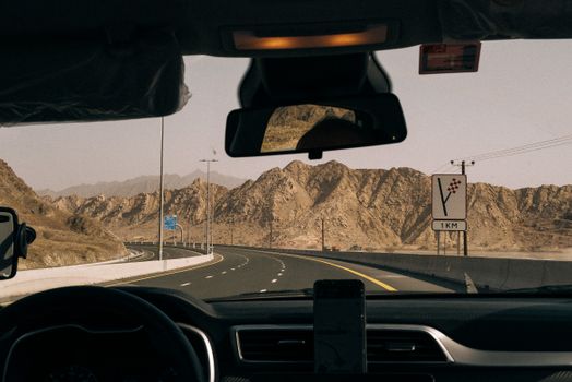 View from Inside the Car on Hajar Mountains in United Arab Emirates