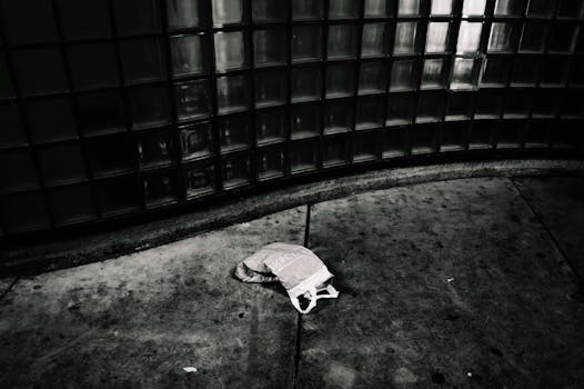 一张单色图像捕捉了城市衰败，人行道上有一个废弃的塑料袋