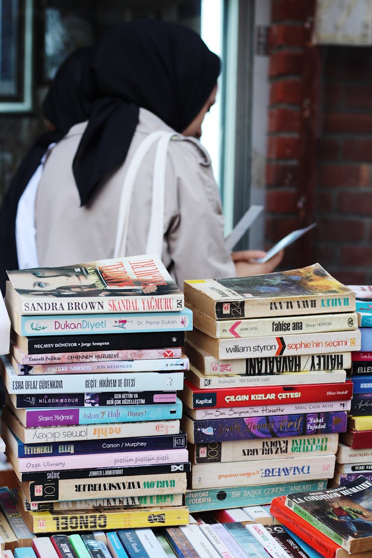 Stacks Of Books On City Outdoor Market