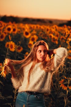A stylish young woman posing in a sunflower field during a warm sunset in summer.