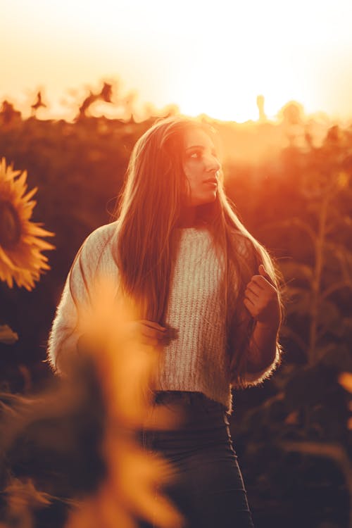 Beautiful Woman with Long Hair standing on a Sunflower Field