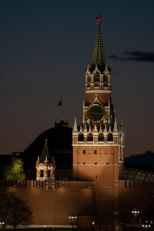 Spasskaya Tower Illuminated at Dusk in Moscow, Russia 