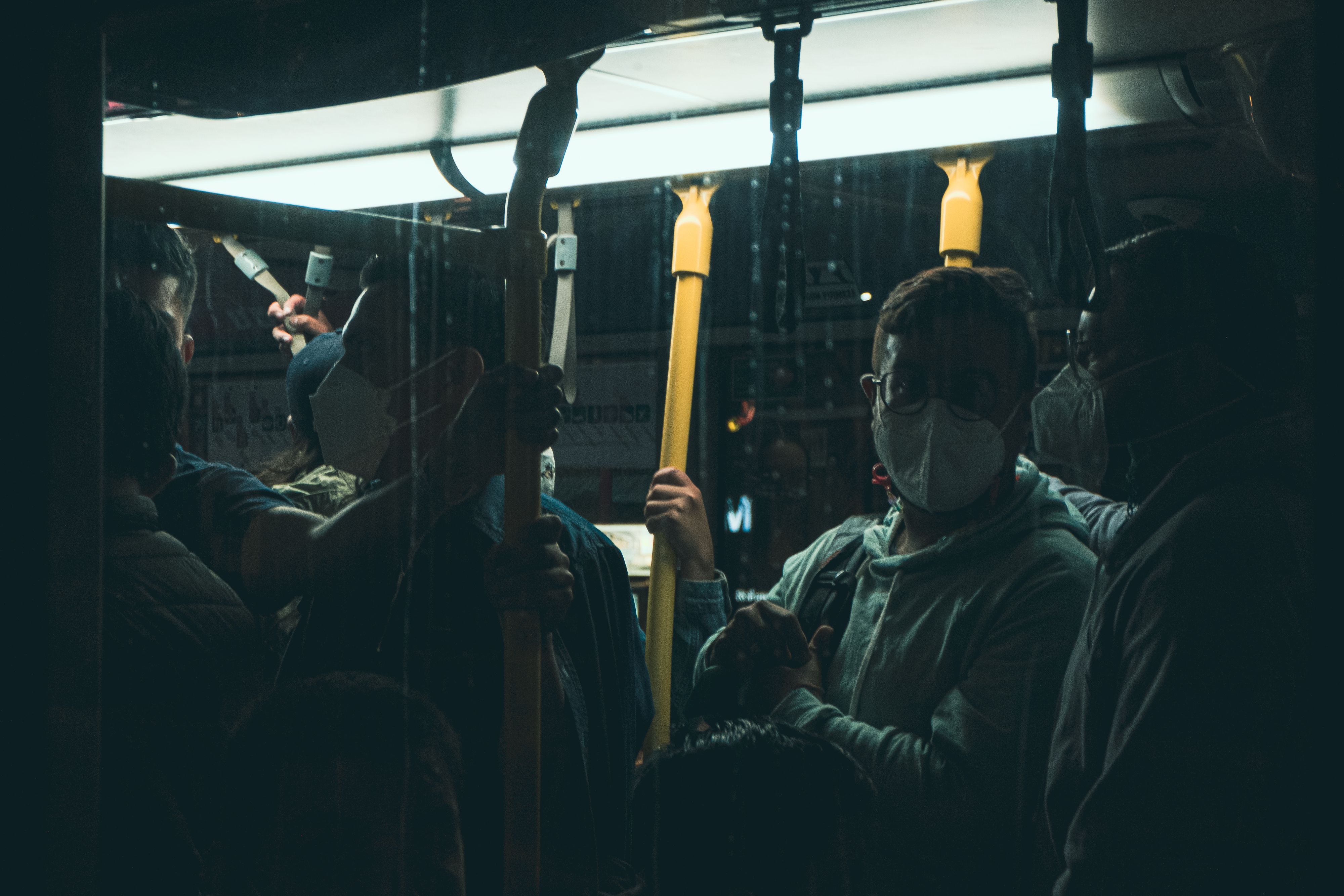 Passengers seated aboard a public transport bus in Mexico City