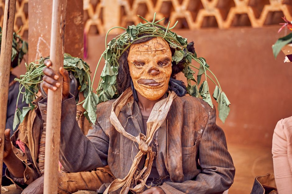 Person in traditional Central African ceremonial attire — Bwiti is a knowledge system, not a religion, based on direct experience rather than doctrine