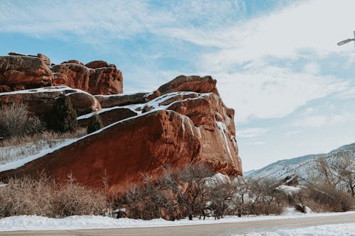 Red Rock Formation Covered With Snow