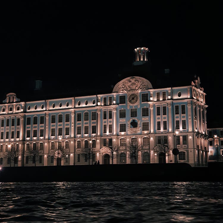 Illuminated Facade Of The Nakhimov Naval School In St. Petersburg, Russia