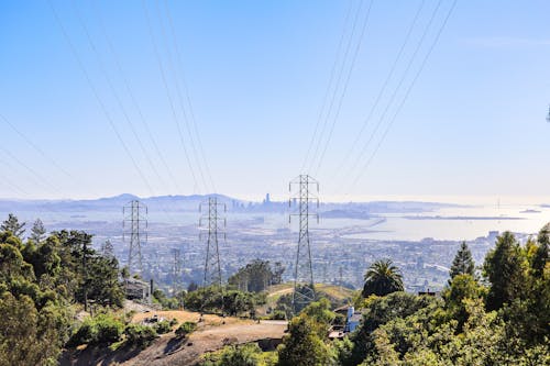 Free Photo of Power Poles against the Background of a Landscape with a Lake, California, USA Stock Photo