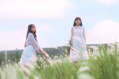 Free Two women in elegant white dresses standing in a lush green field under a bright sky. Stock Photo