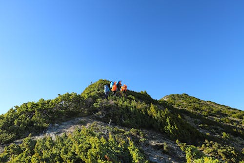 A Group of People Hiking on Mountain Under the Blue Sky