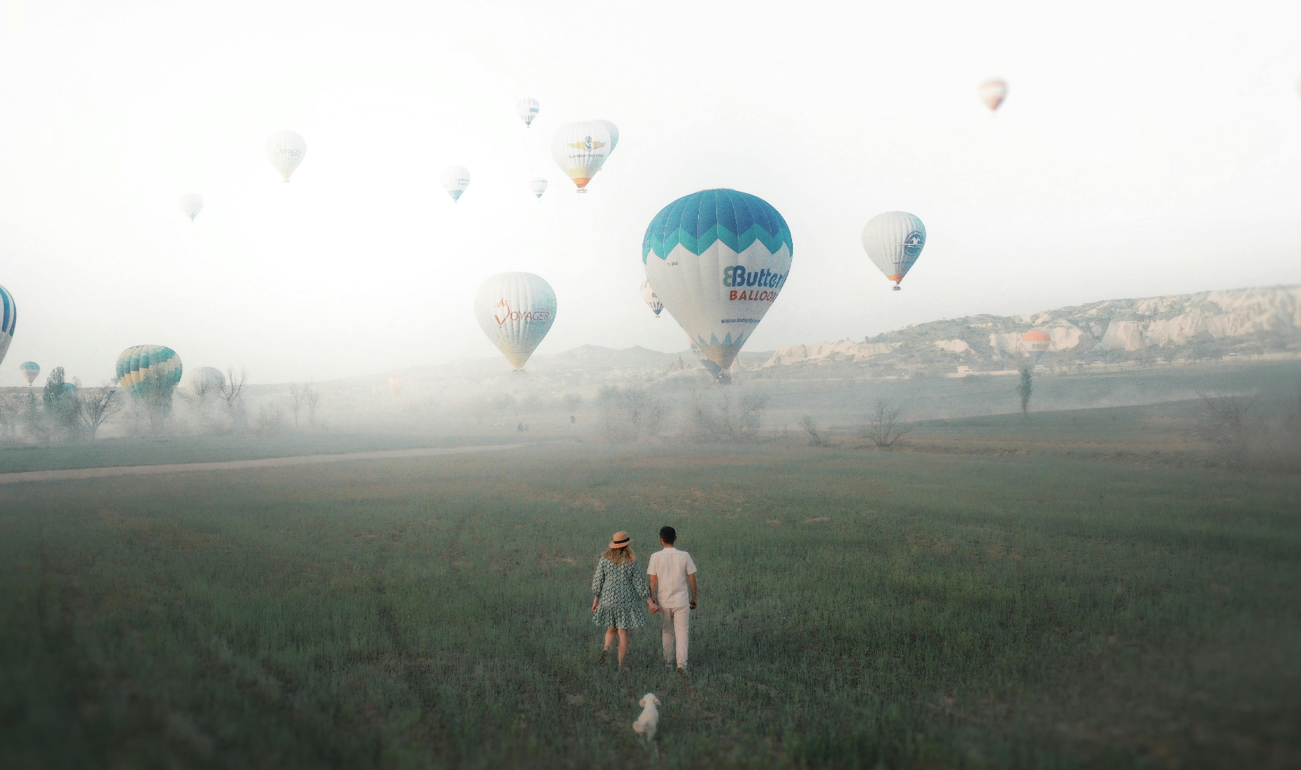 Couple holding hands with dog, enjoying hot air balloons in a field.