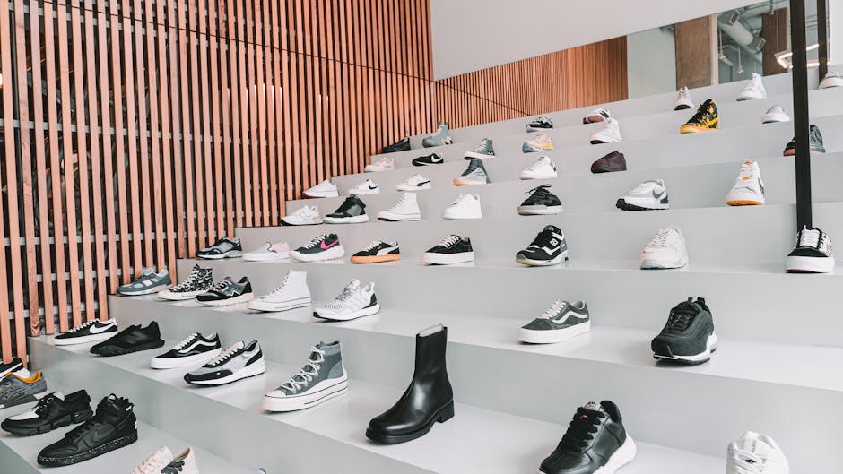 Compact shoe display setup for pop-up stores with trendy shelves