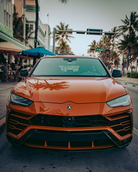 Orange Lamborghini sports car parked on an urban street with palm trees and buildings.