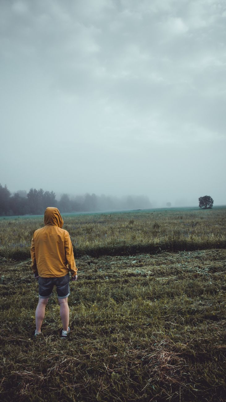 A lone person in a yellow hoodie stands in a misty field, gazing into the foggy distance.