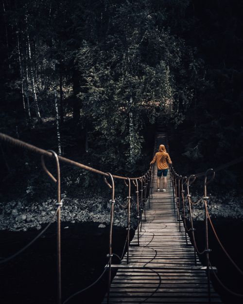 Free A solitary person in a hoodie walks across a forest suspension bridge, surrounded by dense trees. Stock Photo