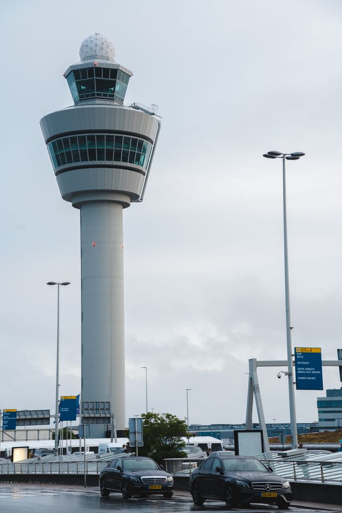 Schiphol airport control tower with active ground operations