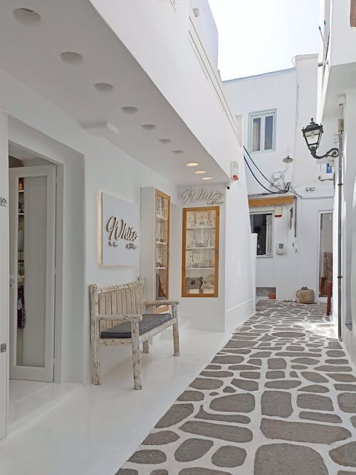 View of an Alley and White Houses in Mykonos, Greece