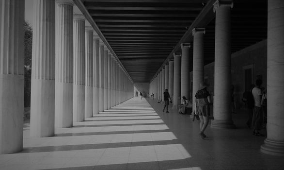 Symmetrical View of the Stoa Attalosa Interior in Athens, Greece 