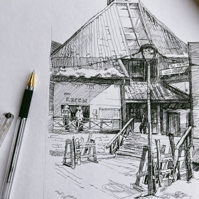 Pen sketch of a rustic building — photo by Sofya Borboris on Pexels