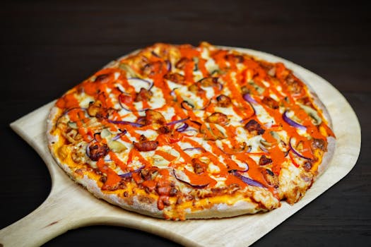Close-up of a tasty pizza with toppings on a wooden board, capturing its mouth-watering appeal.