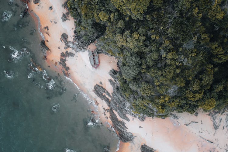 Aerial View Of A Shipwrecked On The Beach 