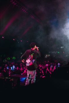 Musician performs on stage with vibrant lights and enthusiastic crowd.