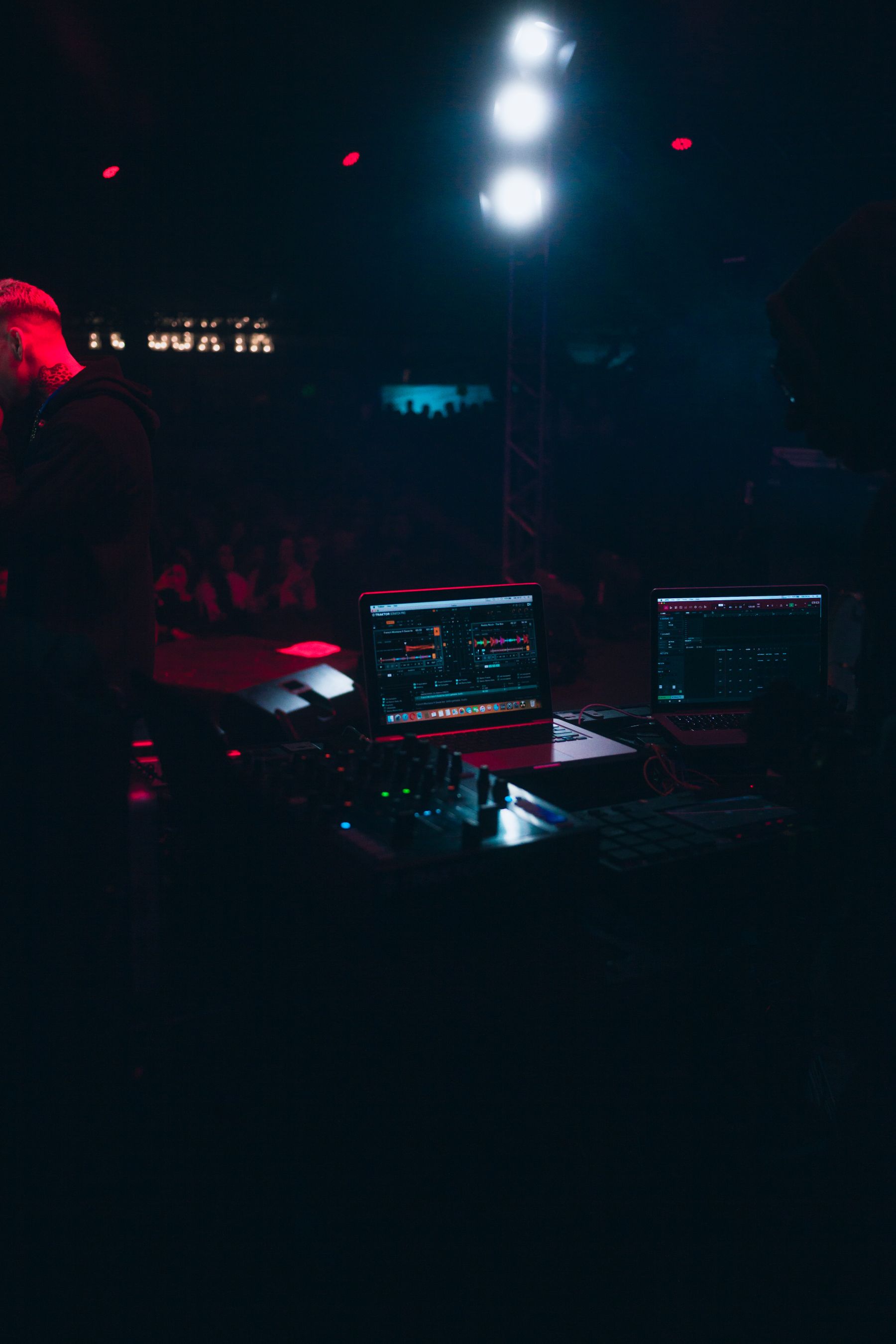 DJ station and electronic music equipment in a nightclub