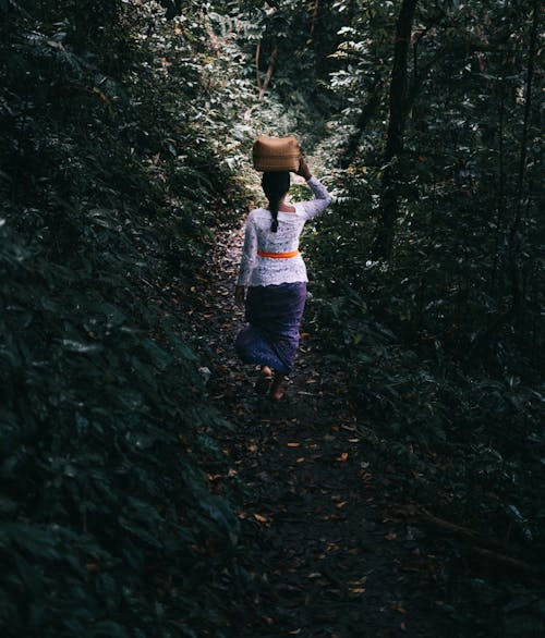 숲의 흔적을 걷고 그녀의 머리에 고리 버들 세공 빈을 들고 여자