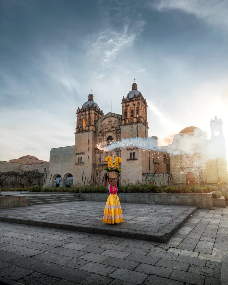 Woman In Front Of Church In Mexico City