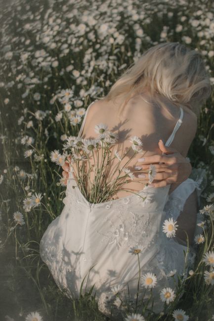 A serene scene of a woman sitting among chamomile in a sunny meadow.