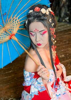 A woman in a colorful kimono poses with a traditional Japanese umbrella, showcasing cultural elegance.