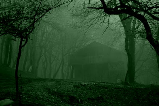 Shadowy forest cabin surrounded by dense fog, evoking mystery.