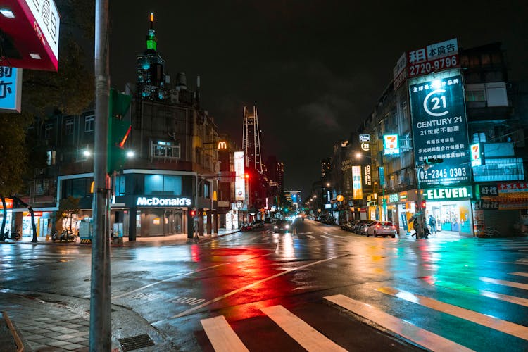 Bright City Lights Along The Main Road