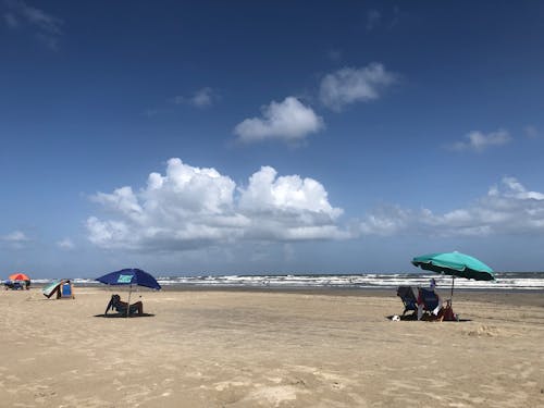 Free Beachgoers and Umbrellas Dot the Sand Stock Photo