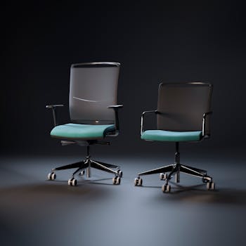 Pair of sleek mesh office chairs with wheels on a black background.