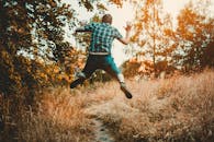 一个男人在阳光普照的草地上高兴地跳着，周围是郁郁葱葱的树木和金色的草