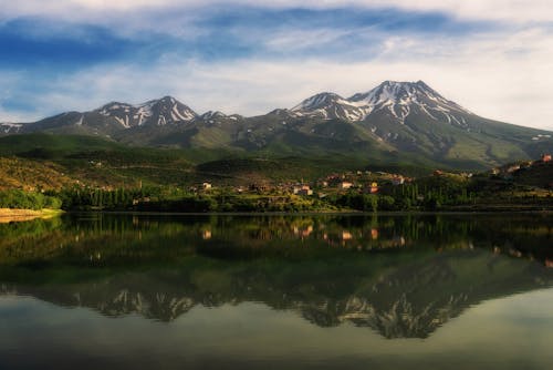 Snow Capped Mountain Near the Lake