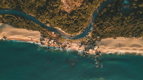 Free Drone shot capturing lush foliage, winding road, and pristine beach in Balneário Camboriú, Brazil. Stock Photo