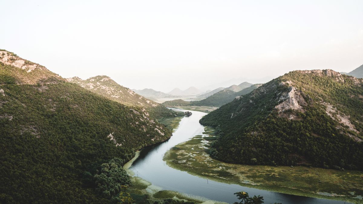 Aerial view of the winding Rijeka Crnojevica on Lake Skadar