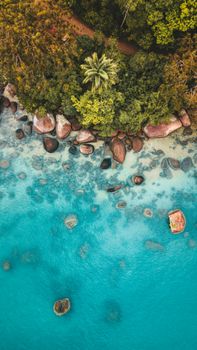 Stunning aerial view of a tropical coastline with turquoise water and lush greenery in Rio de Janeiro, Brazil.