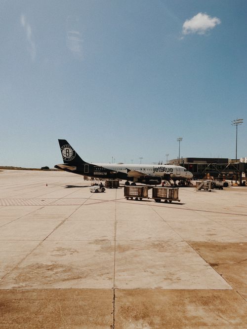 Free JetBlue plane on a bright day at Santo Domingo Airport, Dominican Republic. Stock Photo
