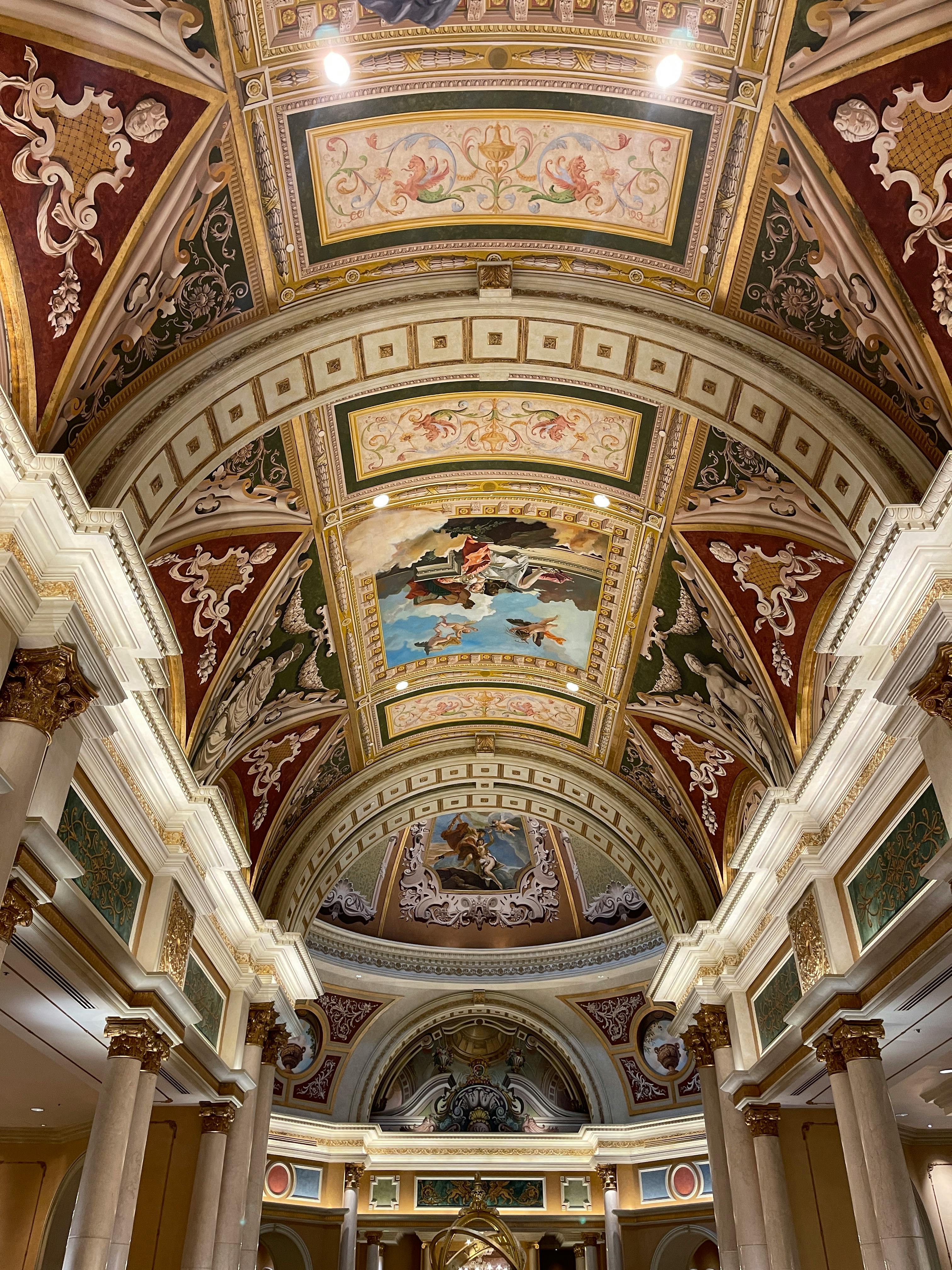 Stunning artistic ceiling fresco in The Venetian, Las Vegas, showcasing intricate Renaissance-style art.