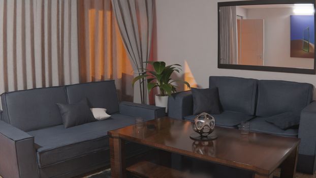Inviting living room setting featuring blue sofas, wooden table, and contemporary decorations.